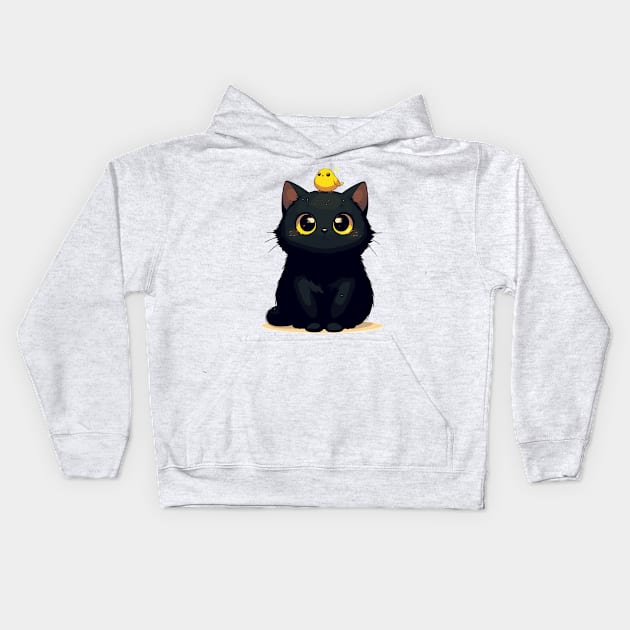 Cute Black Cat And Yellow Bird Kids Hoodie by TomFrontierArt